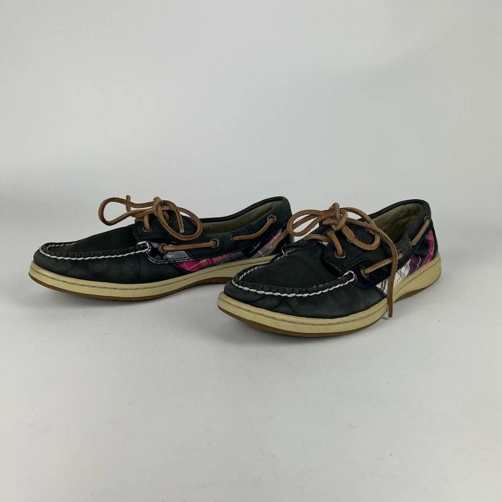 Sperry Top-Sider Koifish Womens‎ 7.5 Blue Plaid Boat Shoe Leather Preppy Deck